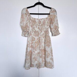 Reformation | White & tan floral "Elle" puff sleeve smocked mini dress | Size 2